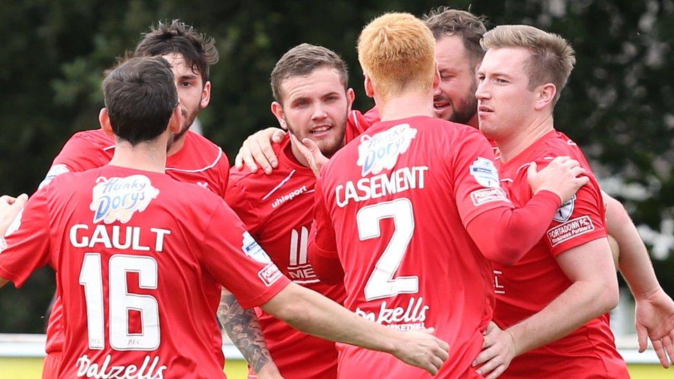 Darren Murray is congratulated by team-mates after scoring the opening goal in Portadown's 2-1 win away to Ballinamallard United