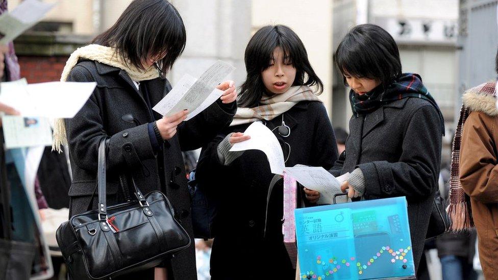 Female applicants waiting to take the University of Tokyo entrance exam