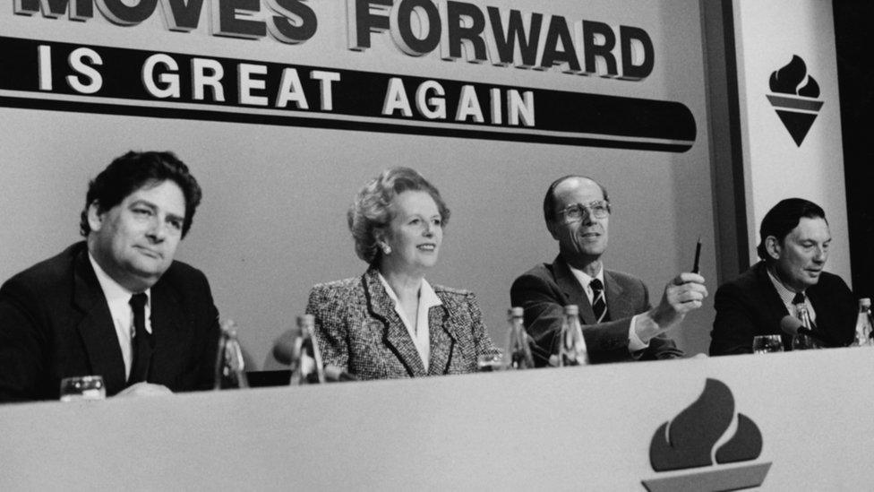 British Prime Minister Margaret Thatcher, with (L-R) Chancellor Nigel Lawson, party Chairman Norman Tebbit and Trade and Industry Secretary Paul Channon