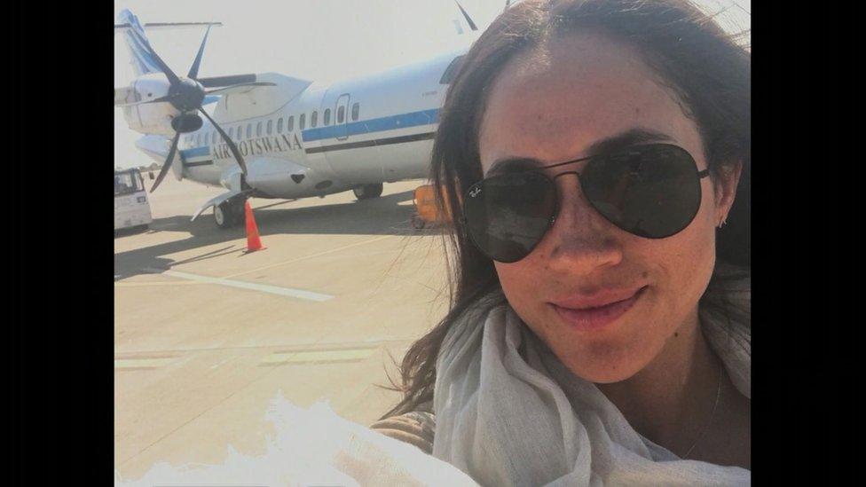 Meghan seen getting on a plane to travel to Botswana to meet Prince Harry