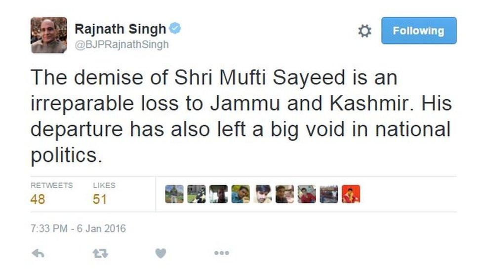 Rajnath Singh: The demise of Shri Mufti Sayeed is an irreparable loss to Jammu and Kashmir. His departure has also left a big void in national politics.