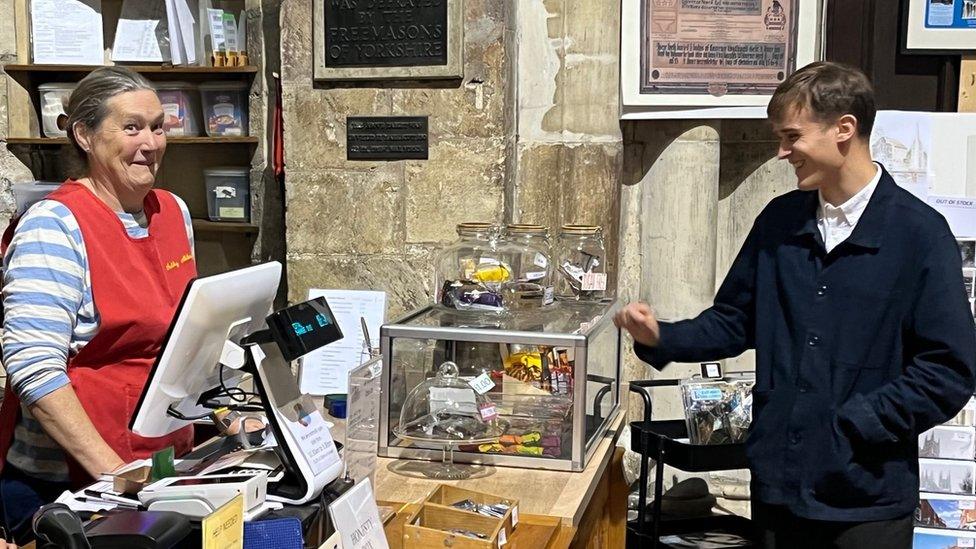 Ruth Thompson chats with Mr Mather at Selby Abbey