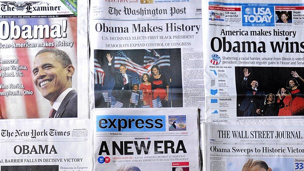 Front pages of newspapers announcing Democrat Barack Obama's victory in the US 2008 presidential election are displayed in Washington, DC.