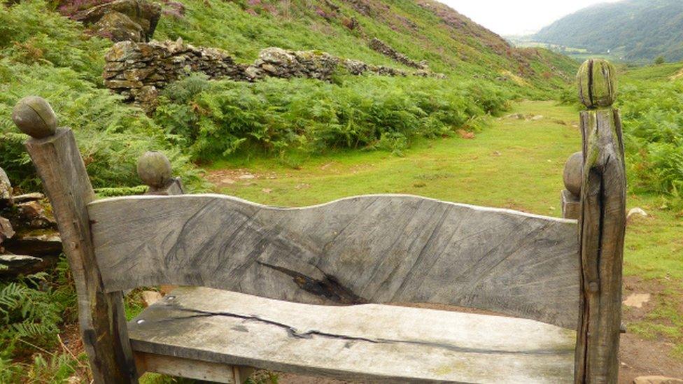 Bench dedicated to AJM at Cwm Bychan near Beddgelert