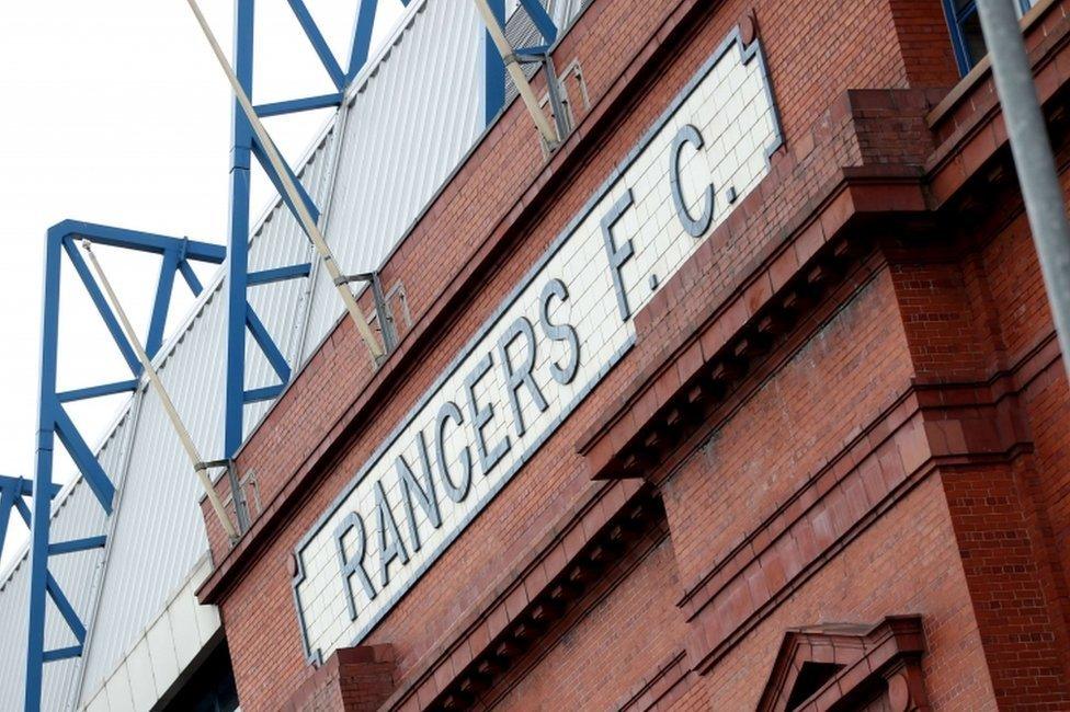 Rangers sign on an exterior wall of Ibrox Stadium,