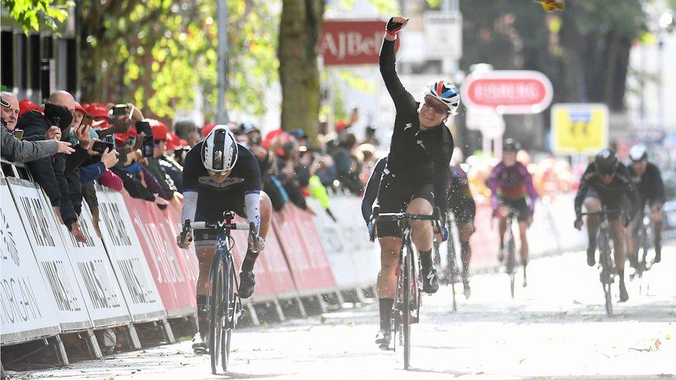 Amy Pieters of SD Worx celebrates winning Stage Two of the AJ Bell Women's Tour of Britain