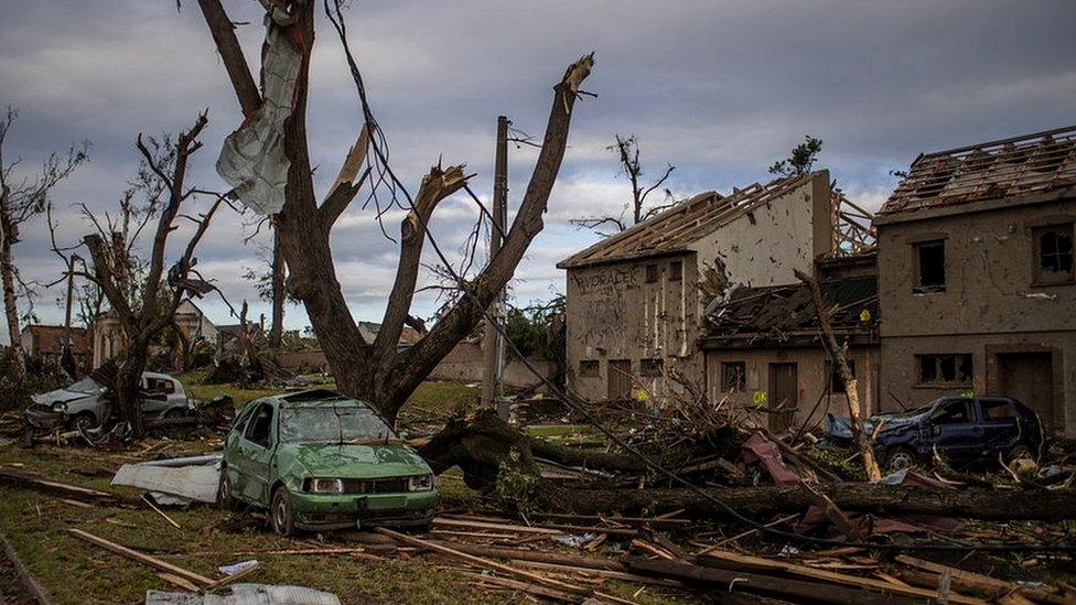 A view of damage after a tornado hit in Mikulcice, Czech Republic, 25 June 2021.