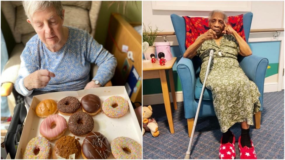 Woman with doughnuts and woman in chair