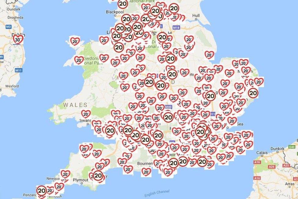 Map of places which have 20mph zones across communities