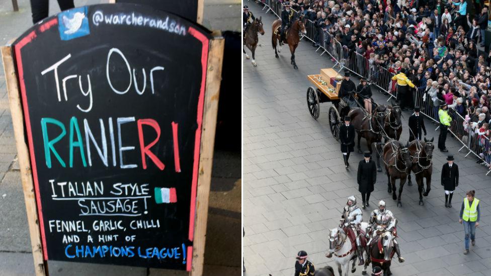 Ranieri sausage A-board and the cortege passing through Leicester