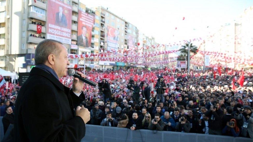 President Erdogan campaigning in Turkey before April's referendum, 17 February 2017