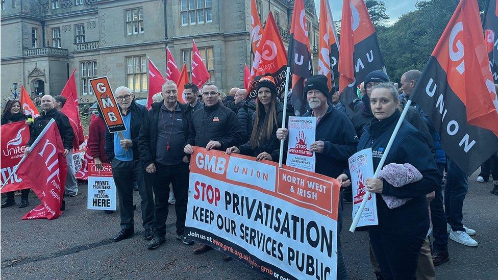 Protestors gathered outside Bangor Castle