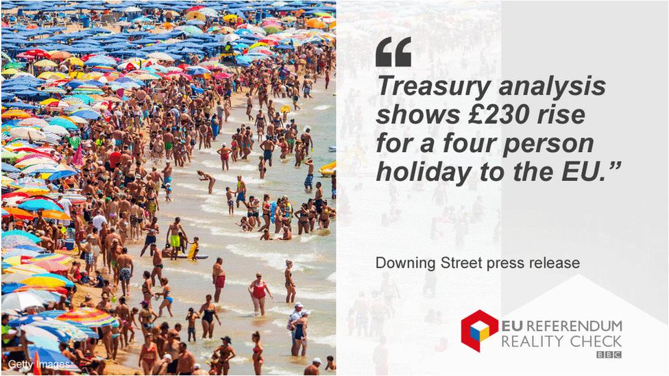 Downing Street press release quoted: Treasury analysis shows £230 rise for a four person holiday to the EU