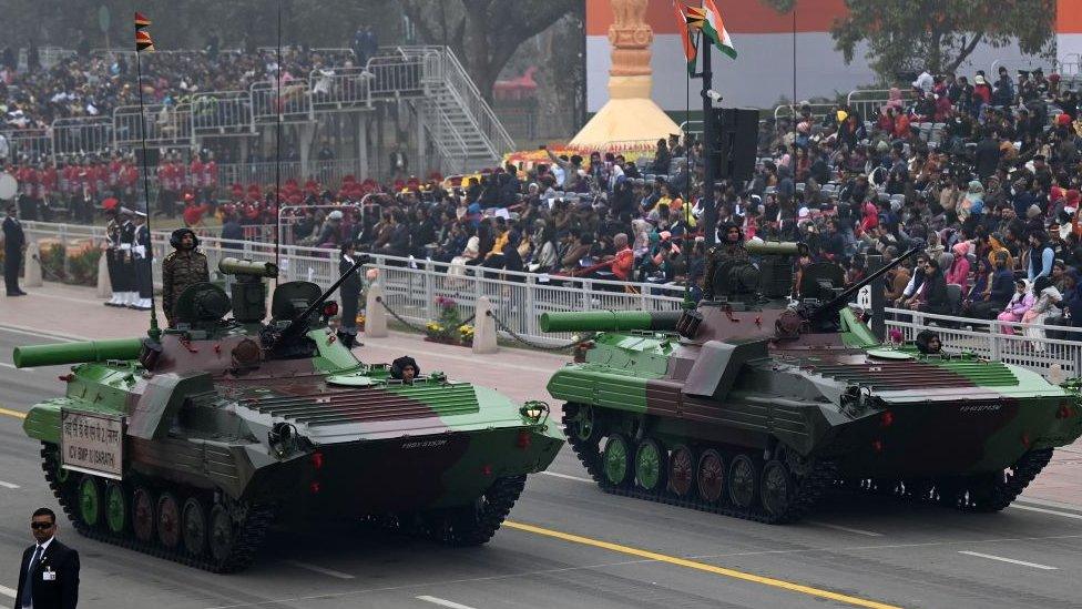 Indian armed forces ICV BMP II (Sarath) tanks take part in Indias 74th Republic Day parade in New Delhi on January 26, 2023.