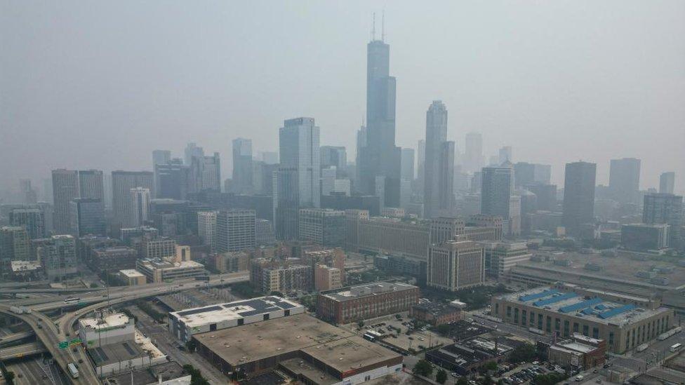 Haze caused by wildfires in Canada hangs over Chicago, Illinois, U.S., June 27, 2023.