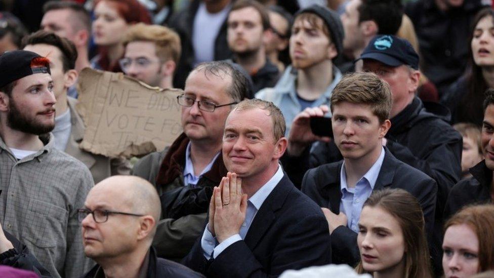 Tim Farron at a rally demonstrating against the vote to leave the EU