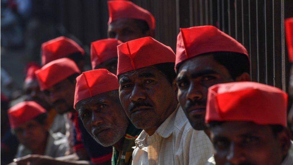 Indian farmers during the protest in Mumbai.