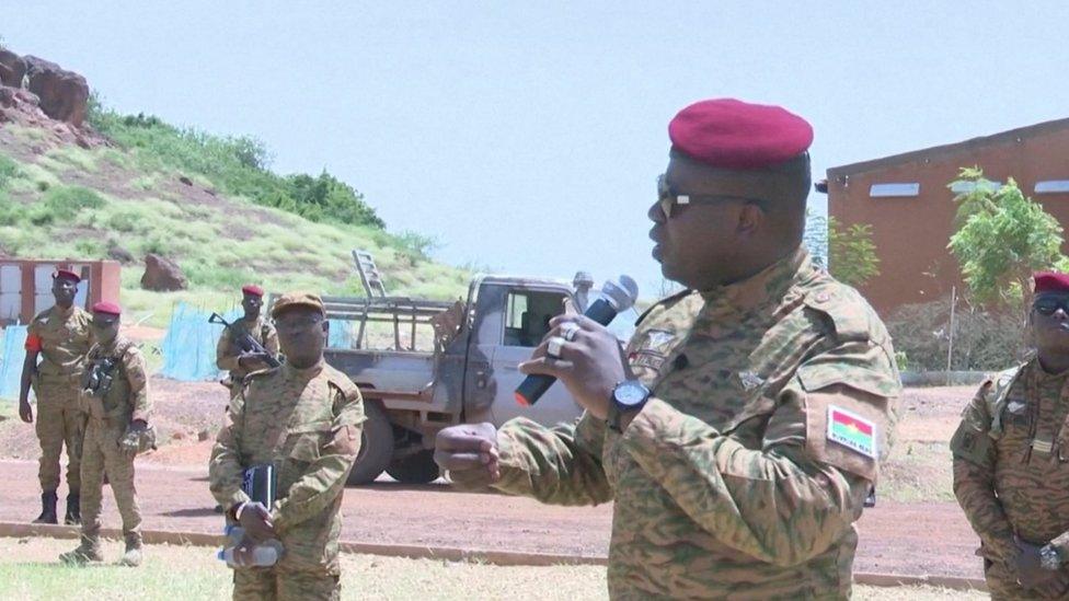 President of Burkina Faso Lieutenant Colonel Paul-Henri Damiba visits 14th Inter-Arms Regiment soldiers in Djibo, Burkina Faso