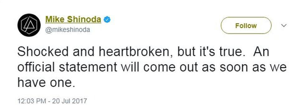 Mike Shinoda tweets: "Shocked and heartbroken, but it's true. An official statement will come out as soon as we have one."