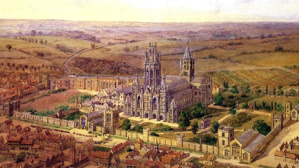 The Abbey of Bury St Edmunds in its heyday (artist's impression by WK Hardy)