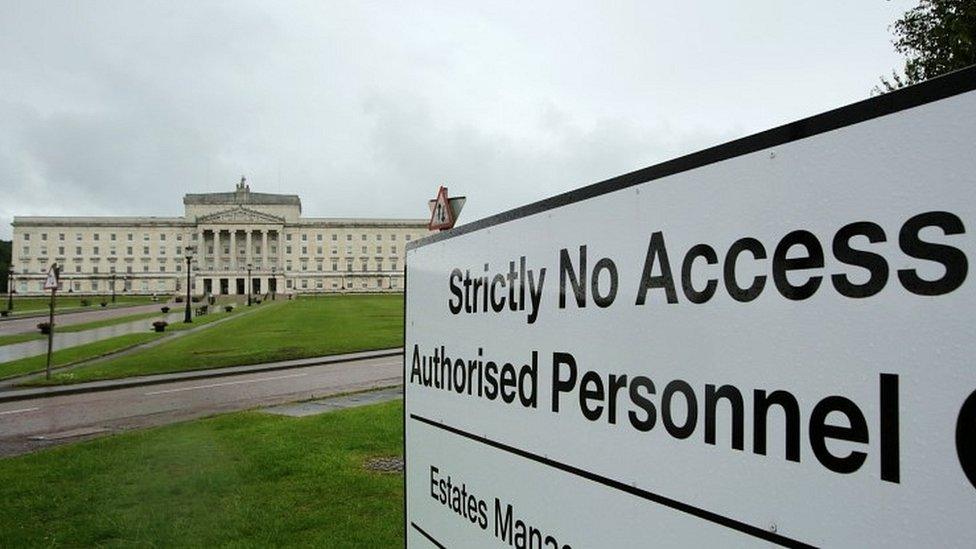 Security signs in the grounds of Stormont Parliament Buildings, Belfast, Northern Ireland. 29 June 2017