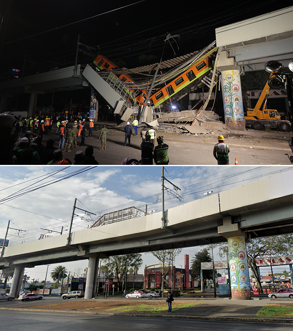 Composite picture showing images before and after and after the accident