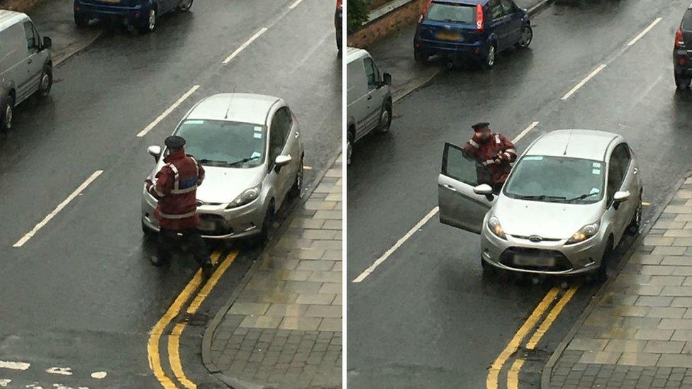 Traffic warden parked on double yellow lines