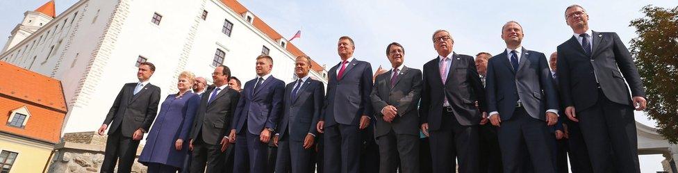 Heads of states and governments of the 27 EU member countries gather for a group photo call at the Bratislava castle during the Bratislava EU summit, an informal meeting of the 27 heads of state or government, in Bratislava, Slovakia, 16 September 2016.