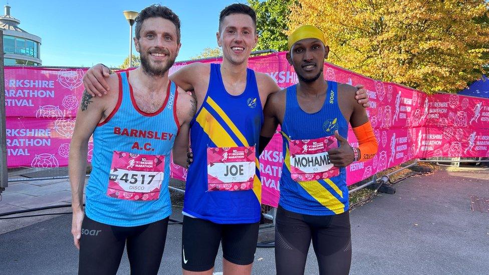 Yorkshire Marathon men winners (left to right) Gary Briscoe, Joe Sagar and Mo Abshir