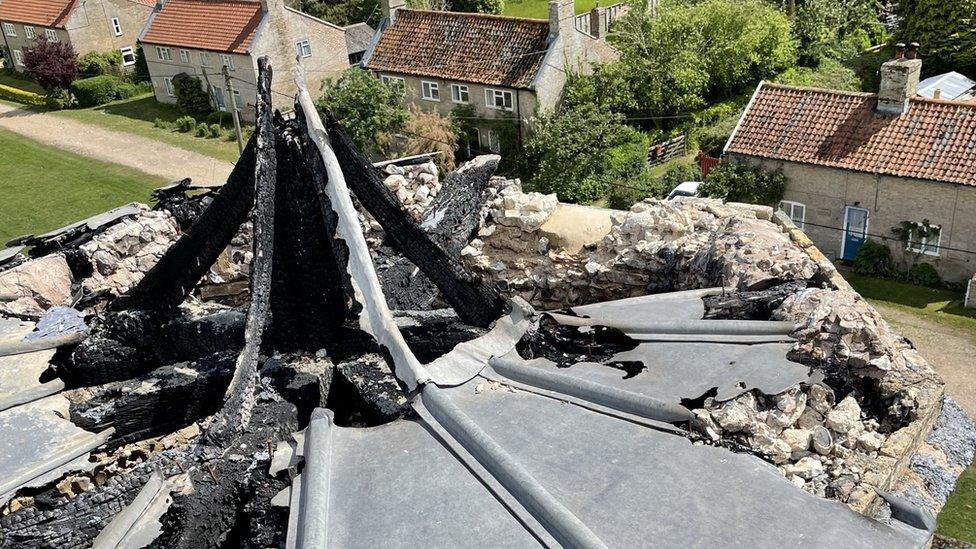 The top of the burnt church tower