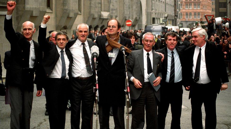 John Walker, Paddy Hill, Hugh Callaghan, Chris Mullen MP, Richard McIlkenny, Gerry Hunter and William Power outside the Old Bailey in London after their convictions were quashed