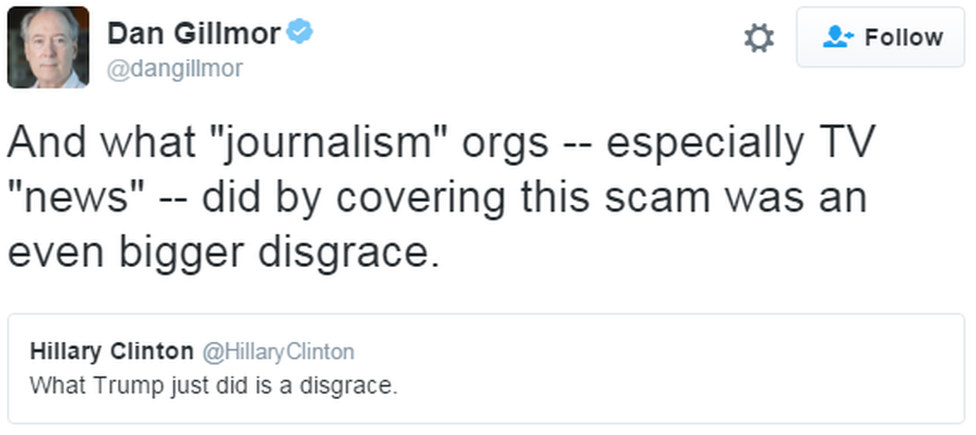 A tweet reads: "And what "journalism" orgs -- especially TV "news" -- did by covering this scam was an even bigger disgrace."