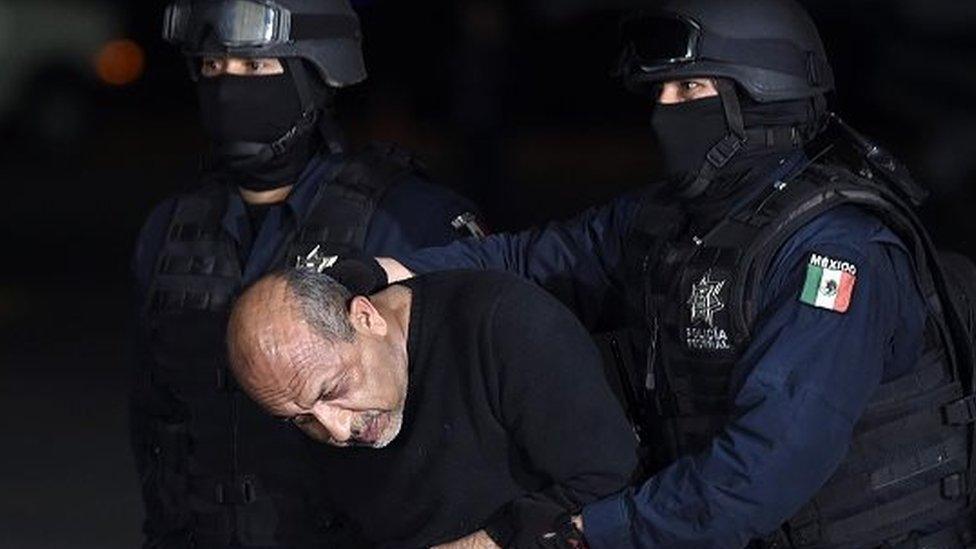 Mexican federal police escort Servando Gomez (centre), aka "La Tuta" from a helicopter upon his arrival at the airport in Mexico City on February 27, 2015