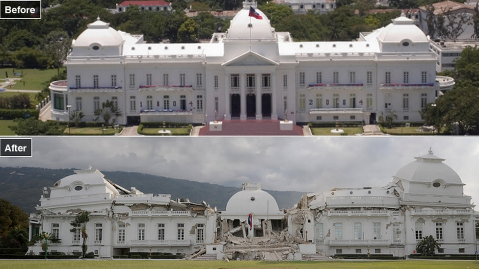 Before and after pictures show the destruction caused to the National Palace in Port-au-Prince