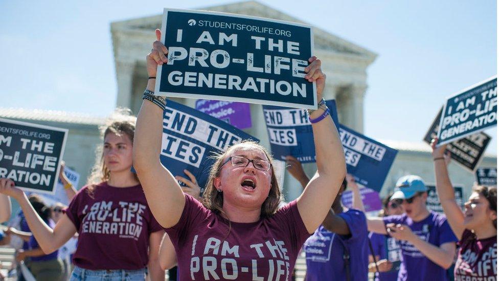 JUNE 25: Protesters call for a vote on the NIFLA v. Becerra case outside of the Supreme Court on June 25, 2018. The case involves pro-life pregnancy centers and the requirement by California law to provide information on abortion.