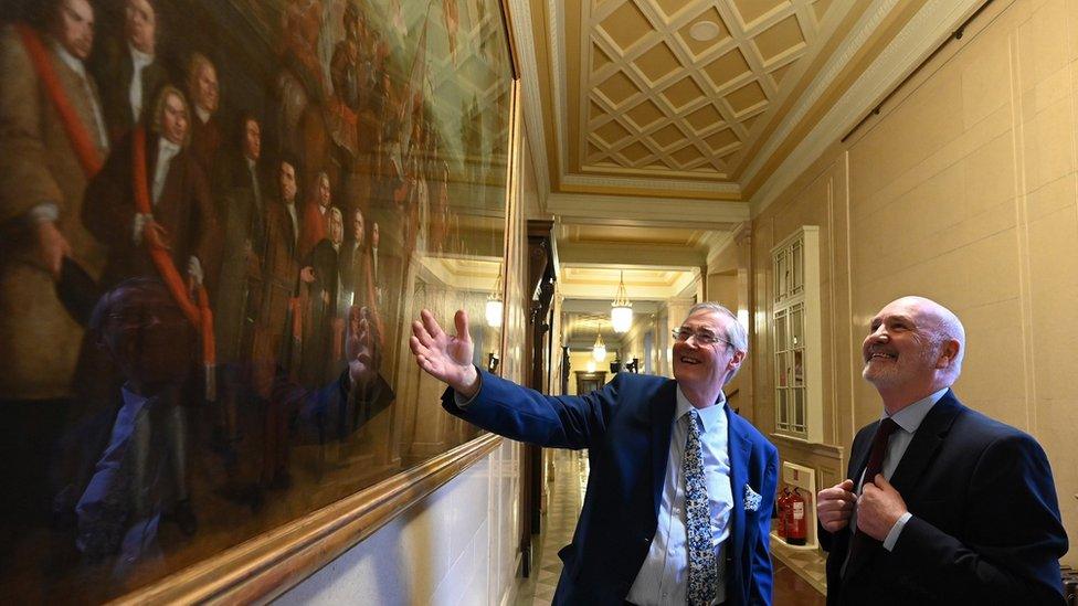 Dr Éamon Phoenix with Alex Maskey at Stormont in March 2022