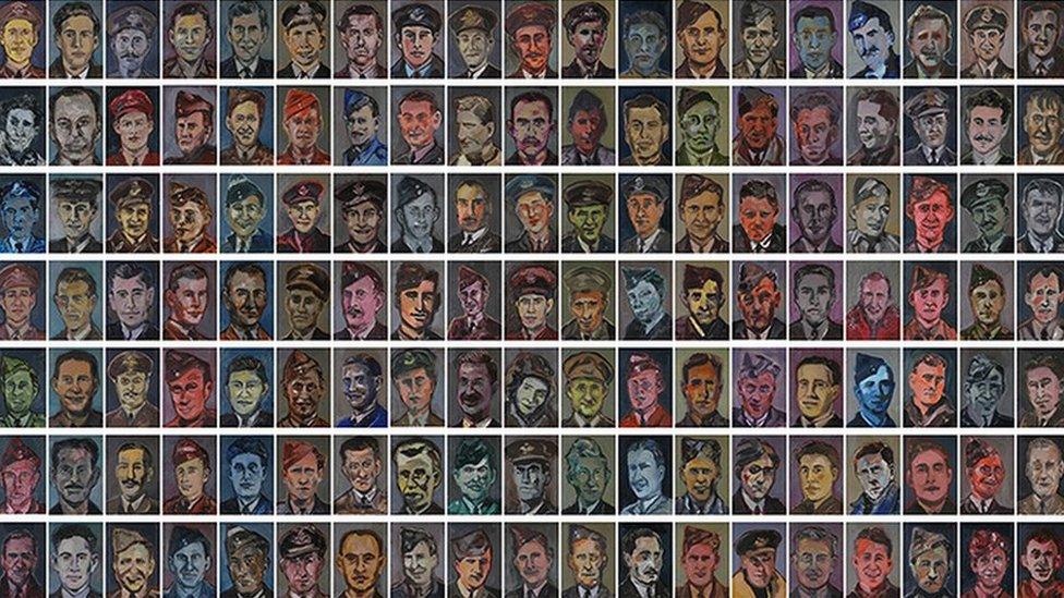 Dan Llywelyn Hall's portraits of the 133 airmen arranged in their squadrons