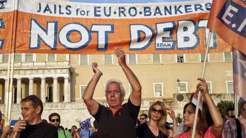 Demonstrators during a rally in Athens, Greece, 29 June 2015.