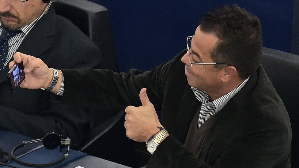 Italian right wing Northern League party MP Gianluca Buonanno takes a selfie picture during a voting session at the European Parliament in Strasbourg