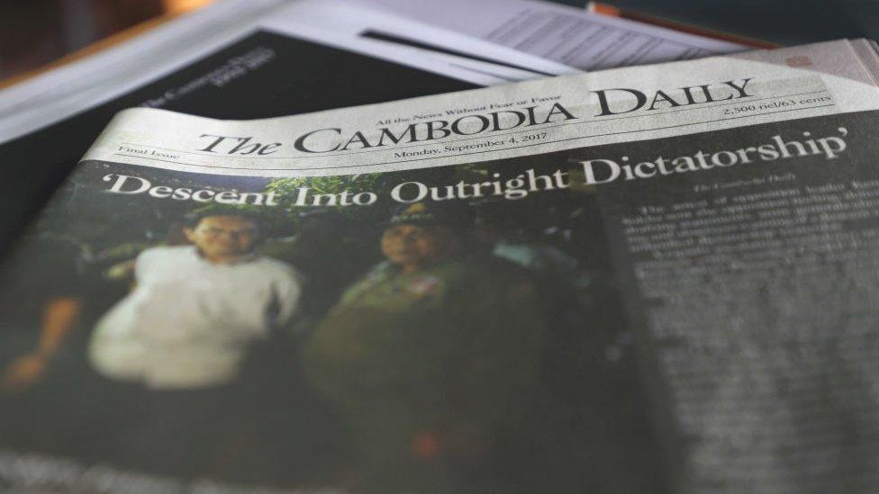 A copy of the final issue of the Cambodia Daily on a desk at the newspaper's office