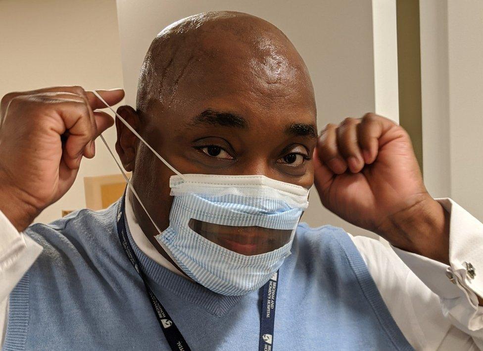 James Wiggins, ASL interpreter at Brigham wearing the transparent masks