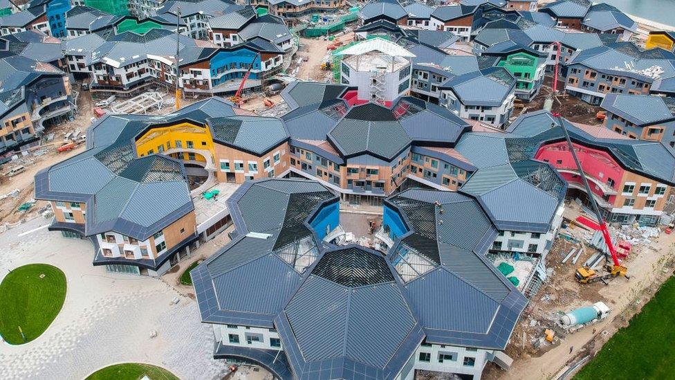 Aerial view of Taizicheng snow town under construction in Chongli district for the Beijing 2022 Winter Olympics