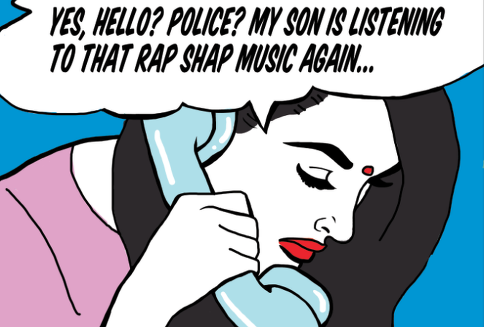 Indian aunty in a pink top holding a blue phone to her ear with a speech bubble stating 'Yes, hello? Police? My son is listening to that rap shap music again'