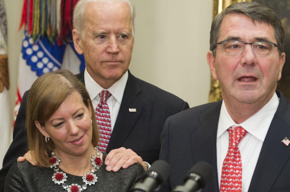 Stephanie Carter and Joe Biden as Ashton Carter speaks