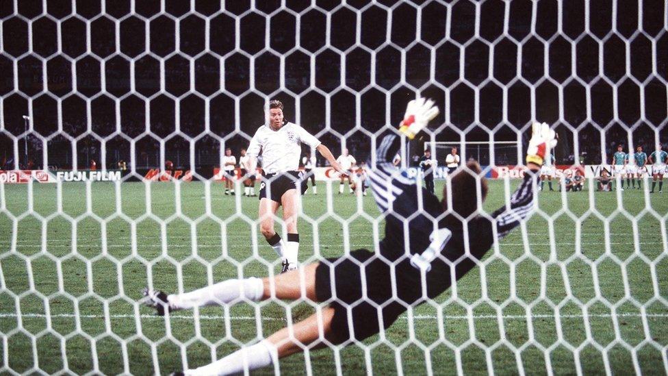 Chris Waddle hits penalty against Germany.