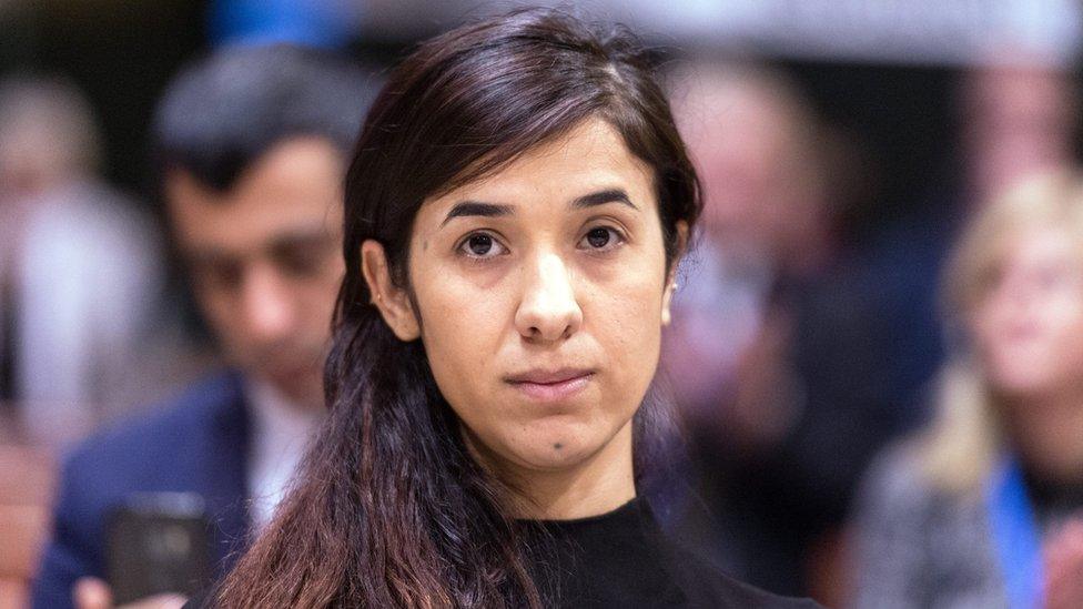 Nadia Murad in Strasbourg accepting her award from the Council of Europe