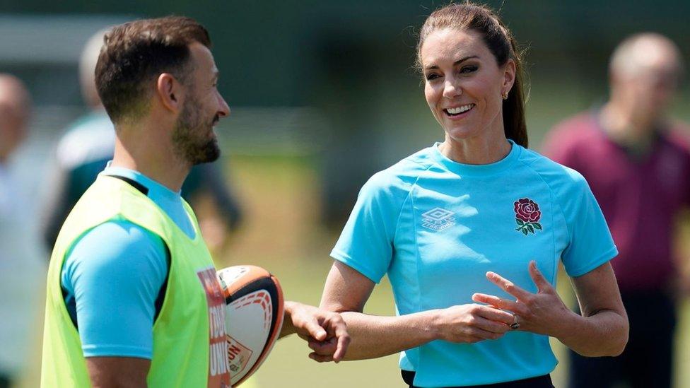 The Princess of Wales with Danny Care as she takes part in rugby drills during her visit to meet local and national male rugby players at Maidenhead Rugby Club, in Berkshire