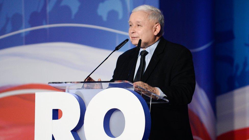 The Leader of Law and Justice Party, Jaroslaw Kaczynski delivers a speech during a campaign convention on September, 21 in Katowice, Poland