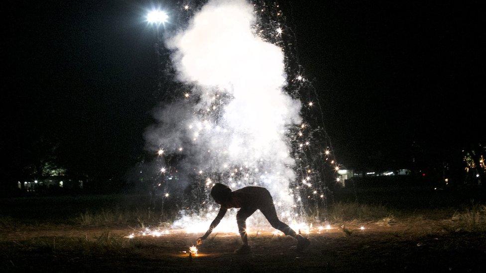 Fireworks explode as Indians celebrate the annual festival of Diwali in Mumbai