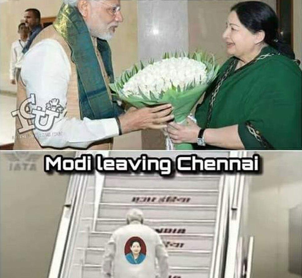 Meme showing Modi leaving Chennai with a sticker of "Amma" on his back